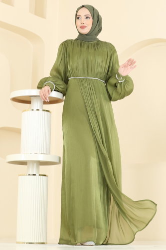 B.İ.S.S.K. - Taş Detaylı Organze Abiye 6231BSK463 Haki
