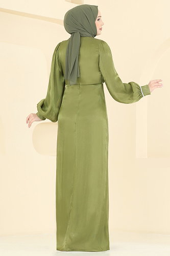 moda selvim Taş Detaylı Organze Abiye 6231BSK463 Haki - Thumbnail