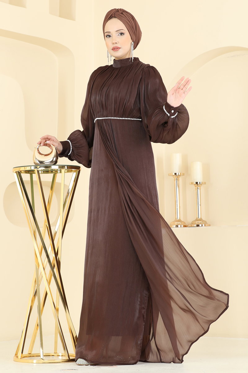 Taş Detaylı Organze Abiye 6231BSK463 Kahve