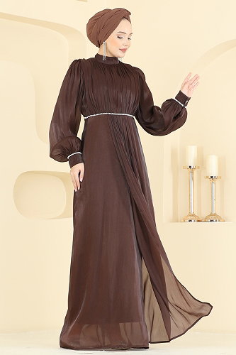 moda selvim Taş Detaylı Organze Abiye 6231BSK463 Kahve - Thumbnail