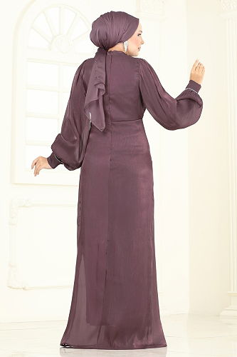 moda selvim Taş Detaylı Organze Abiye 6231BSK463 Koyu Gül Kurusu - Thumbnail