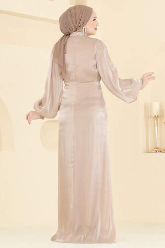 moda selvim Taş Detaylı Organze Abiye 6231BSK463 Krem - Thumbnail