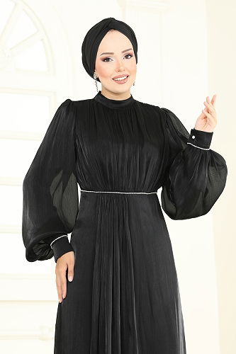 moda selvim Taş Detaylı Organze Abiye 6231BSK463 Siyah - Thumbnail