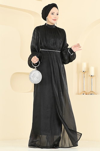 moda selvim Taş Detaylı Organze Abiye 6231BSK463 Siyah - Thumbnail