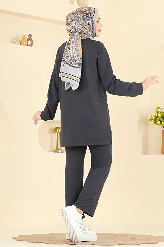 moda selvim Taş Detaylı Pantolonlu Takım 1917SBL832 Antrasit - Thumbnail