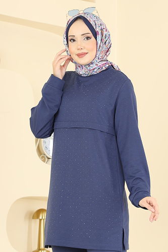 moda selvim Taş Detaylı Pantolonlu Takım 1917SBL832 İndigo - Thumbnail