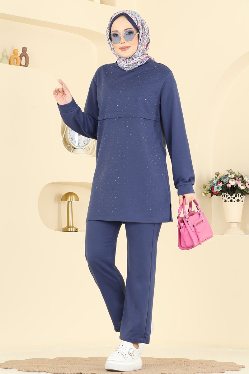 Taş Detaylı Pantolonlu Takım 1917SBL832 İndigo