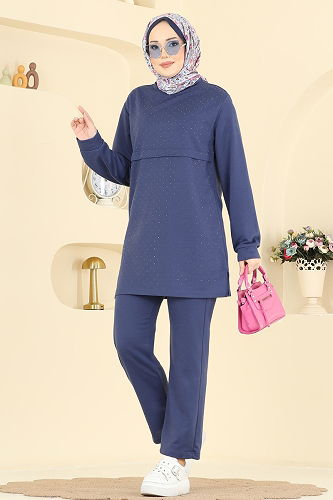 moda selvim Taş Detaylı Pantolonlu Takım 1917SBL832 İndigo - Thumbnail