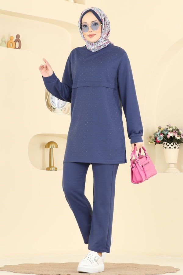 Modaselvim Kombin Taş Detaylı Pantolonlu Takım 1917SBL832 İndigo
