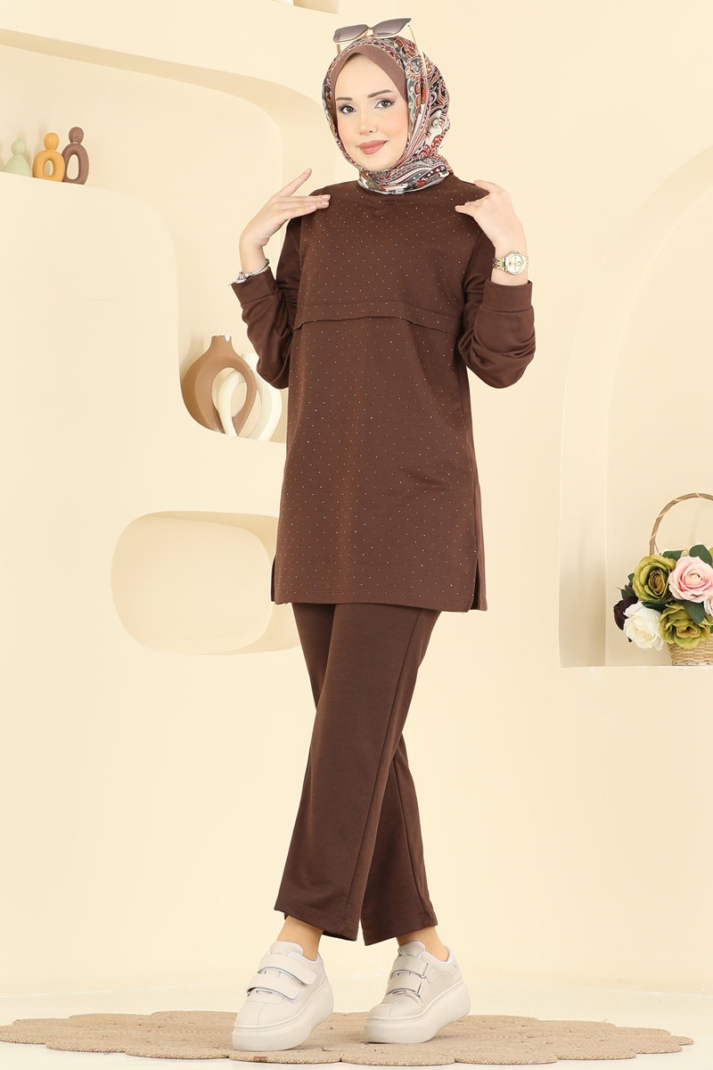 Taş Detaylı Pantolonlu Takım 1917SBL832 Kahve
