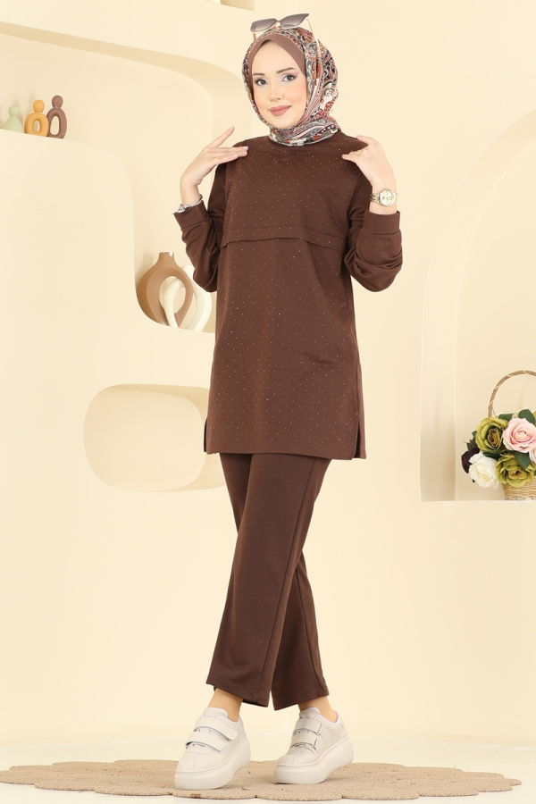 Modaselvim Kombin Taş Detaylı Pantolonlu Takım 1917SBL832 Kahve