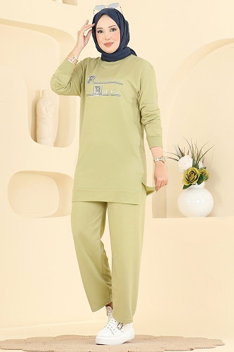 moda selvim Taş Detaylı Rahat 2 li Takım 2802TPK1167 Çağla - Thumbnail