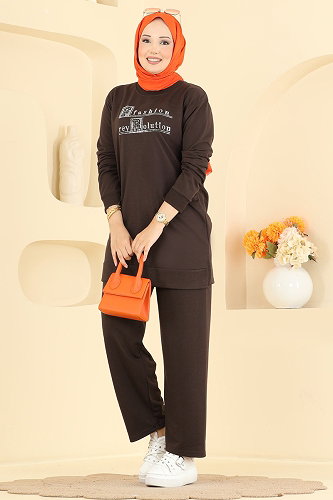 moda selvim Taş Detaylı Rahat 2 li Takım 2802TPK1167 Kahve - Thumbnail