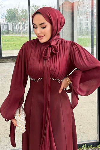 moda selvim Taş Detaylı Saten Abiye 4711ALGK1170 Bordo - Thumbnail