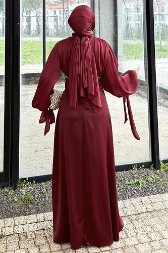 moda selvim Taş Detaylı Saten Abiye 4711ALGK1170 Bordo - Thumbnail