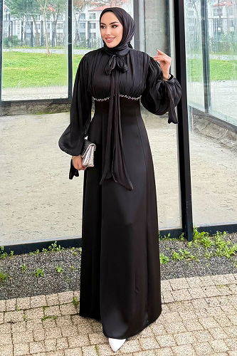 moda selvim Taş Detaylı Saten Abiye 4711ALGK1170 Siyah - Thumbnail