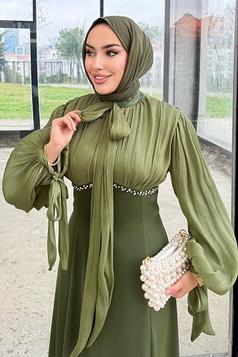 moda selvim Taş Detaylı Saten Abiye 4711ALGK1170 Yağ Yeşili - Thumbnail