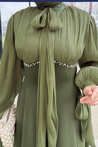 moda selvim Taş Detaylı Saten Abiye 4711ALGK1170 Yağ Yeşili - Thumbnail