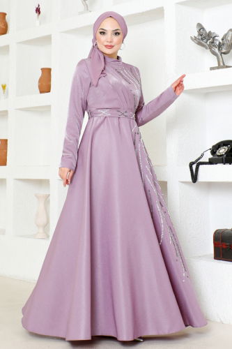 MRV L.P.N. - Taş Detaylı Saten Abiye LPN6067-M Lila