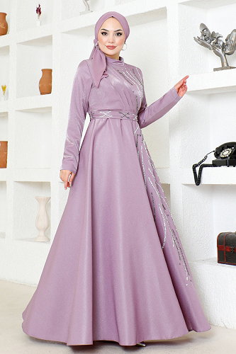 moda selvim Taş Detaylı Saten Abiye LPN6067-M Lila - Thumbnail