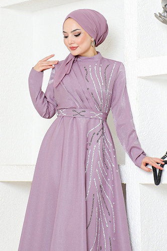 moda selvim Taş Detaylı Saten Abiye LPN6067-M Lila - Thumbnail