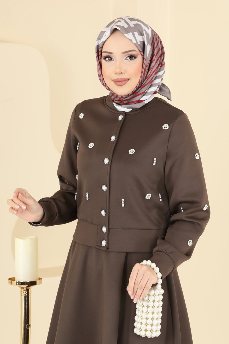 Taş Detaylı Scuba Takım 1277ANT466 Kahve