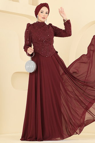 moda selvim Taş Detaylı Şifon Abiye 235DMNK1166 Açık Bordo - Thumbnail