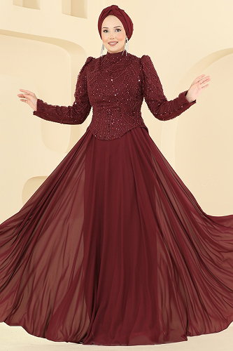 moda selvim Taş Detaylı Şifon Abiye 235DMNK1166 Açık Bordo - Thumbnail