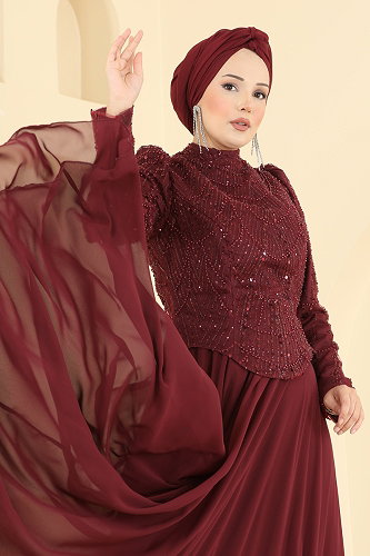 moda selvim Taş Detaylı Şifon Abiye 235DMNK1166 Açık Bordo - Thumbnail