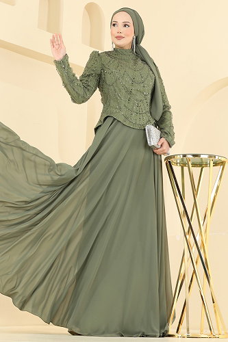 moda selvim Taş Detaylı Şifon Abiye 235DMNK1166 Haki - Thumbnail
