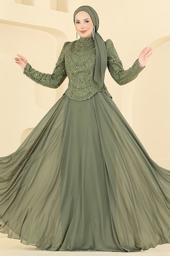 moda selvim Taş Detaylı Şifon Abiye 235DMNK1166 Haki - Thumbnail