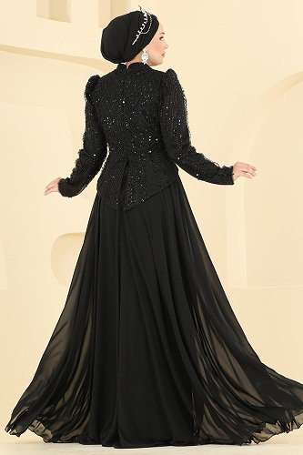 moda selvim Taş Detaylı Şifon Abiye 235DMNK1166 Siyah - Thumbnail