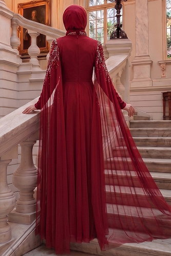 moda selvim Taş Detaylı Şifon Abiye 5568DMNK1166 Bordo - Thumbnail