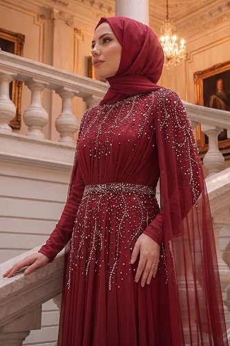 moda selvim Taş Detaylı Şifon Abiye 5568DMNK1166 Bordo - Thumbnail