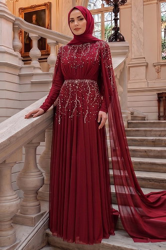 moda selvim Taş Detaylı Şifon Abiye 5568DMNK1166 Bordo - Thumbnail