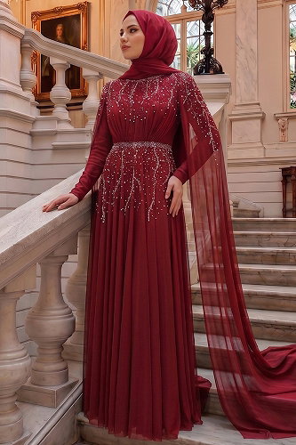 moda selvim Taş Detaylı Şifon Abiye 5568DMNK1166 Bordo - Thumbnail