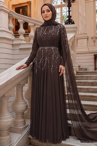 moda selvim Taş Detaylı Şifon Abiye 5568DMNK1166 Kahve - Thumbnail