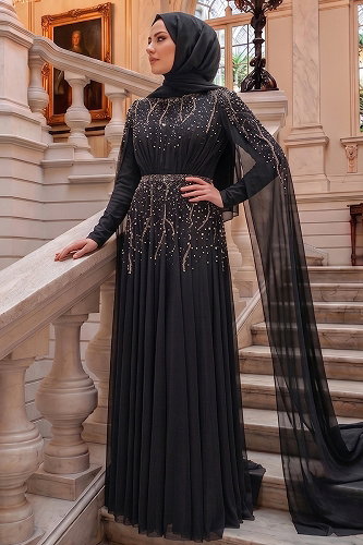 moda selvim Taş Detaylı Şifon Abiye 5568DMNK1166 Siyah - Thumbnail