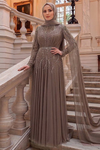 moda selvim Taş Detaylı Şifon Abiye 5568DMNK1166 Vizyon - Thumbnail