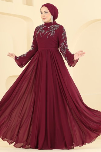 Y.G.S. - Taş Detaylı Şifon Abiye 6672YG95 Bordo