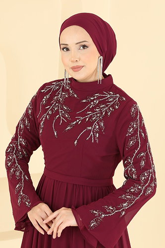 moda selvim Taş Detaylı Şifon Abiye 6672YG95 Bordo - Thumbnail