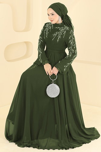 moda selvim Taş Detaylı Şifon Abiye 6672YG95 Haki - Thumbnail