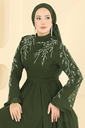 moda selvim Taş Detaylı Şifon Abiye 6672YG95 Haki - Thumbnail