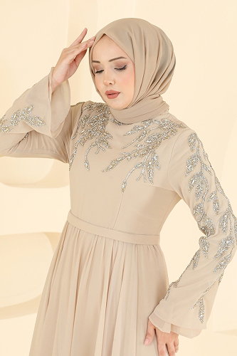 moda selvim Taş Detaylı Şifon Abiye 6672YG95 Krem - Thumbnail