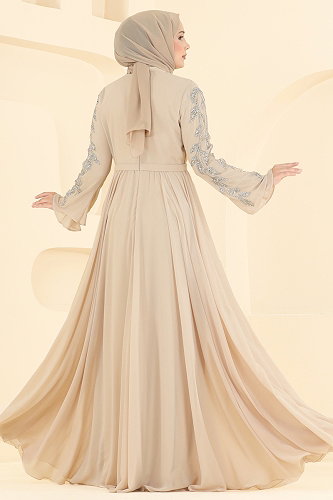 moda selvim Taş Detaylı Şifon Abiye 6672YG95 Krem - Thumbnail