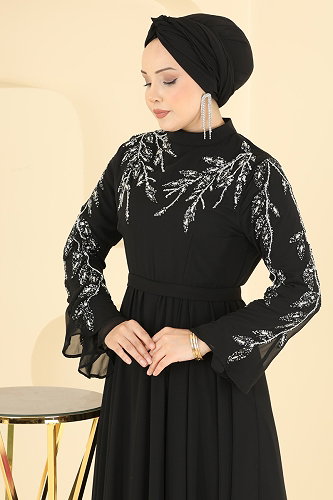 moda selvim Taş Detaylı Şifon Abiye 6672YG95 Siyah - Thumbnail