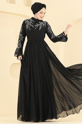 moda selvim Taş Detaylı Şifon Abiye 6672YG95 Siyah - Thumbnail