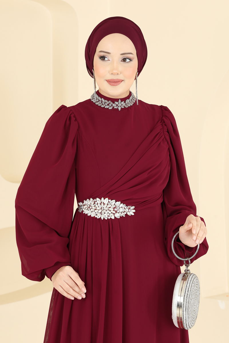 Taş Detaylı Şifon Abiye 6999YG95 Bordo
