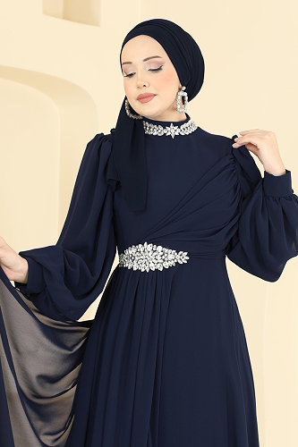 moda selvim Taş Detaylı Şifon Abiye 6999YG95 Laci - Thumbnail