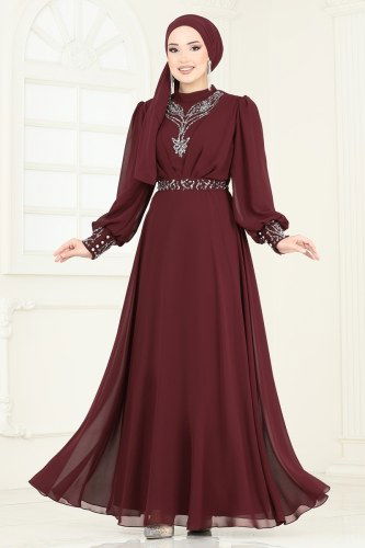 moda selvim Taş Detaylı Şifon Abiye 7084AB368 Bordo - Thumbnail